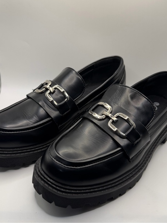 Shoes - Women's Black Faux Leather Lug Sole Loafers with Silver Bit